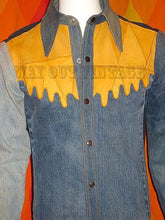 Early 1970's Vintage Men's "Antonio Guiseppe" Denim & Leather Shirt Jacket, Hand Painted D.C. Comics Batman & Levi's Denim Pieces Deconstructed, Pop Art, Groovy, Psychedelic, Mod, Hippie, Glam.
