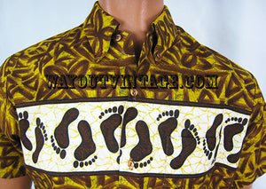 1960s "Go Barefoot" Hang Ten Foot Hawaiian Tiki Shirt, Psychedelic Mod Pop Art Hippie Brady Bunch Polynesian Surfer Beatnik Surfing