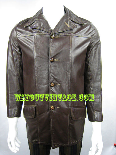 1960's Men's Brown Leather Car Coat Jacket Psychedelic, Groovy, Beatnik, Mod, Dandy, Rock, Carnaby St, Hippie, Biker