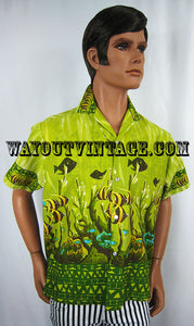 1960's "Tropicana Hawaii" Fish in Underwater Scene Tiki Shirt, Day Glow Psychedelic Mod Pop Art Hippie Polynesian Surfer Beatnik Surfing