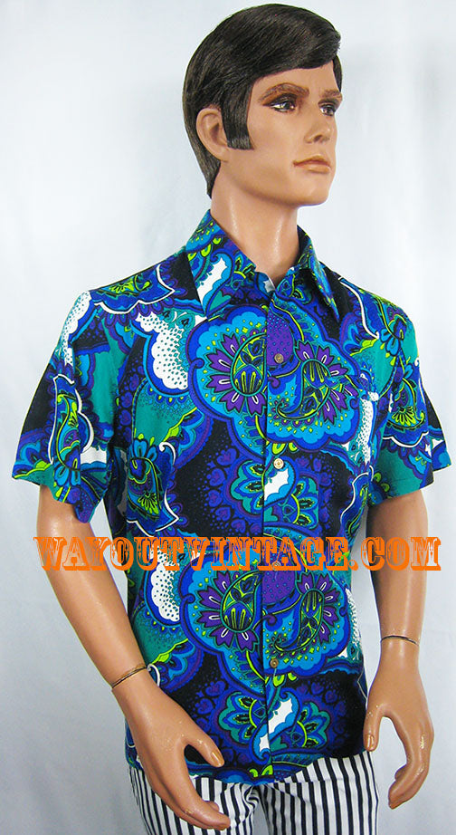 Mens Flower SHIRT 60's Psychedelic Mod - Green Floral