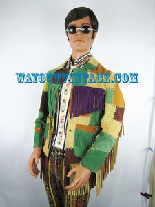 1960's Men's Multi Color Patch Whip Stitched Fringe Suede Jacket Coat, Psychedelic, Groovy, Beatnik, Mod Dandy, Rock, Carnaby Street, Hippie